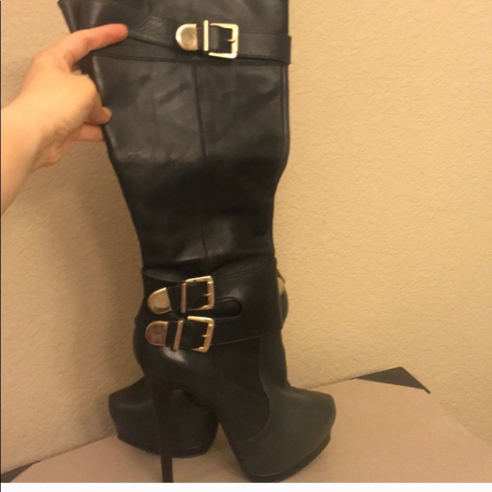 Knee black leather high heel and platform boots